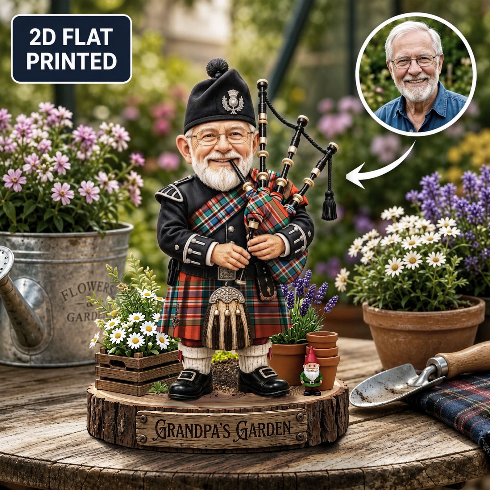 Personalized MacFarlane Ancient Clan Bagpipe Garden Gnome Caricature Plaque Custom Photo, Any Clan Tartan, Wood or Acrylic, Grandpa & Dad Gift, Scottish Highland Garden Decor XN53
