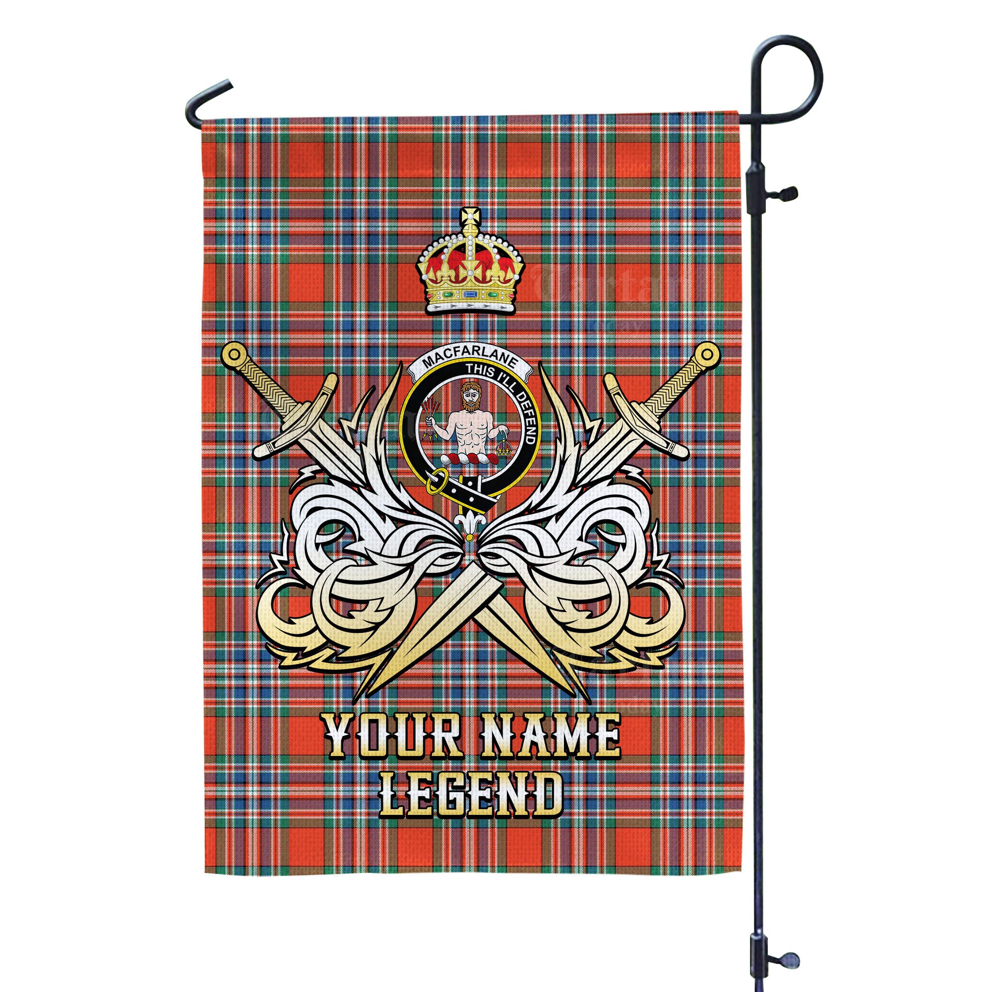 Custom Name Clan MacFarlane Ancient Tartan Garden Flag with Clan Crest and the Golden Sword of Courageous Legacy BG38