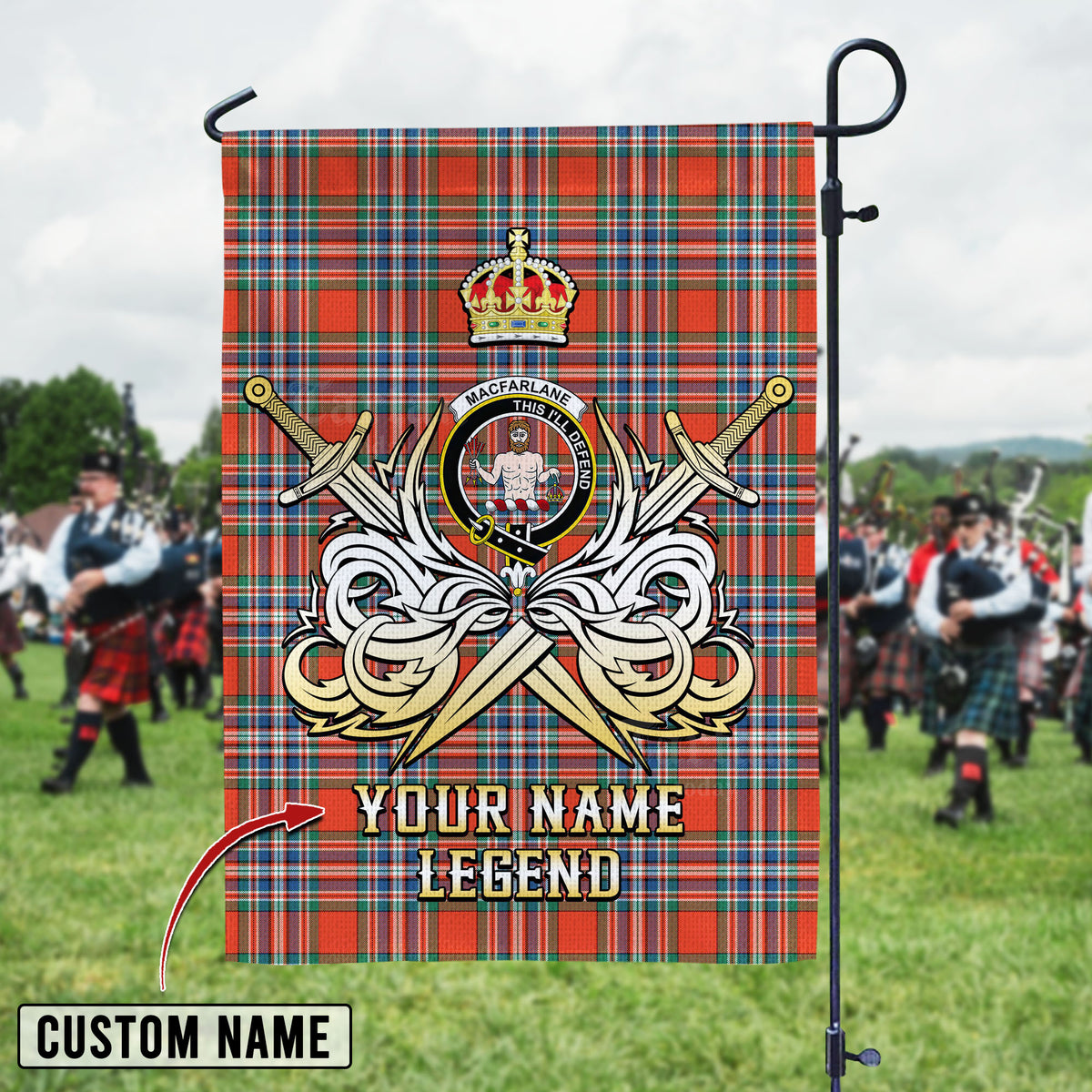 Personalized Custom Name Clan MacFarlane Ancient Tartan Garden Flag with Clan Crest and the Golden Sword of Courageous Legacy BG38 - MacFarlane Ancient Tartan Design, Scottish Heritage Gift