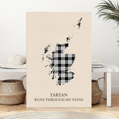Clan MacFarlane Black & White Tartan Scotland Map Canvas “Tartan Runs Through My Veins” Wall Art VD83