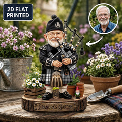 Personalized MacFarlane Black & White Clan Bagpipe Garden Gnome Caricature Plaque Custom Photo, Any Clan Tartan, Wood or Acrylic, Grandpa & Dad Gift, Scottish Highland Garden Decor UL11