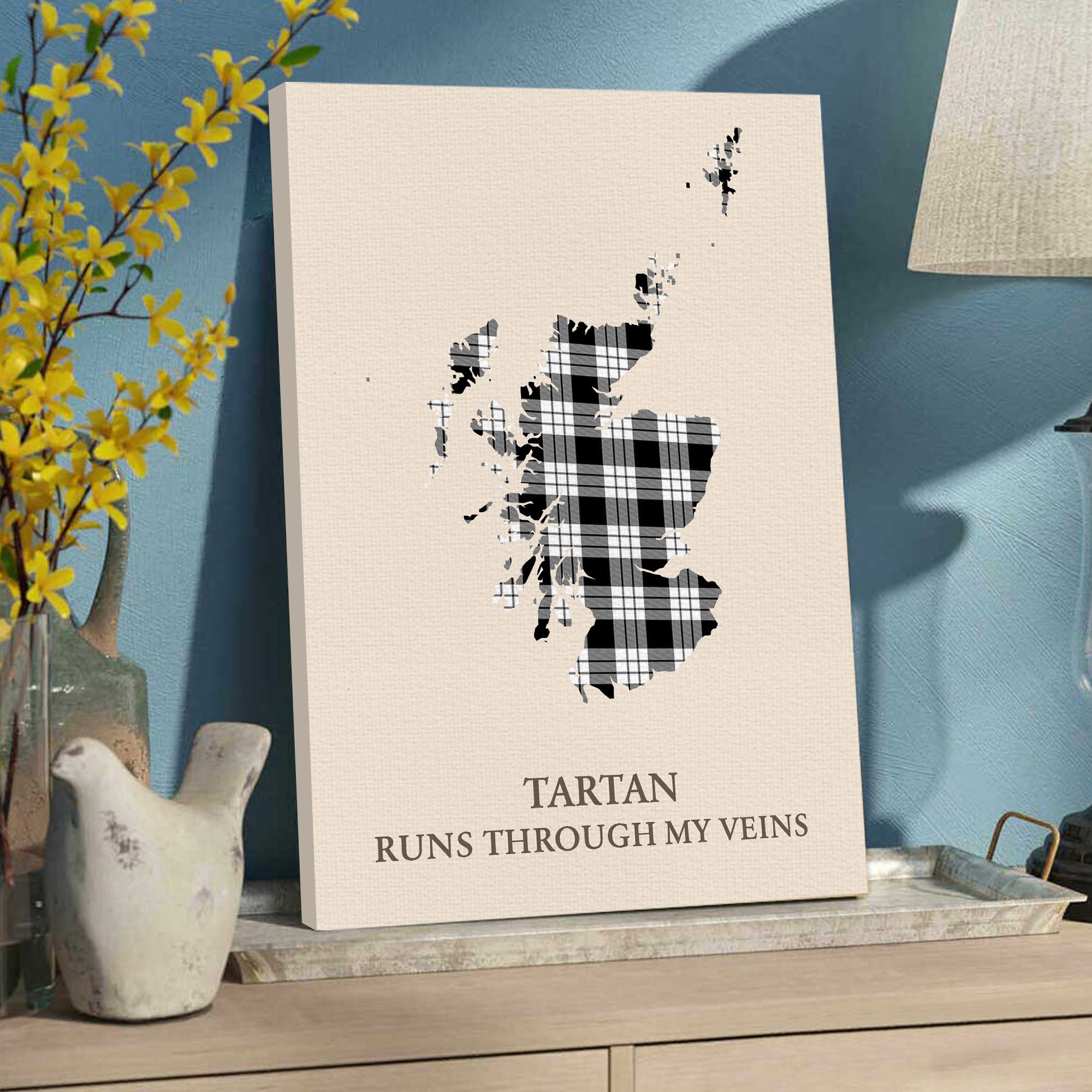 Clan MacFarlane Black & White Tartan Scotland Map Canvas “Tartan Runs Through My Veins” Wall Art VD83