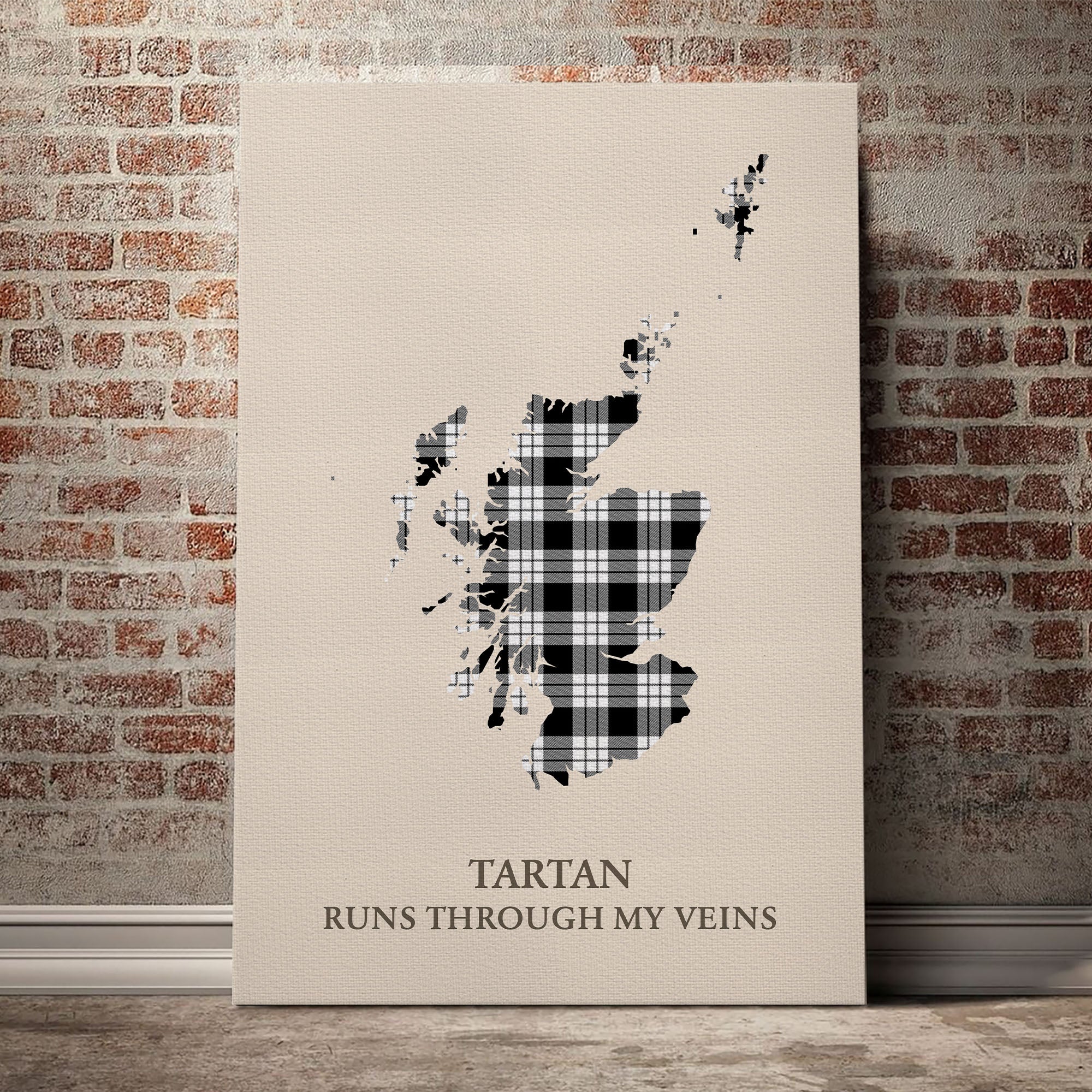 MacFarlane Black & White Tartan Scotland Map Canvas – “Tartan Runs Through My Veins” Wall Art