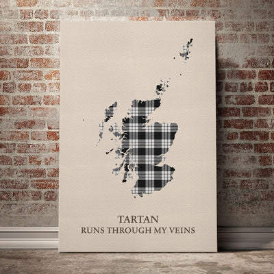 Clan MacFarlane Black & White Ancient Tartan Scotland Map Canvas “Tartan Runs Through My Veins” Wall Art OK72