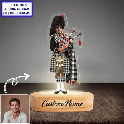 Custom Bagpipe MacFarlane Black & White Ancient Tartan LED Night Light - Personalized Scottish Bagpiper Figurine with Wooden Stand