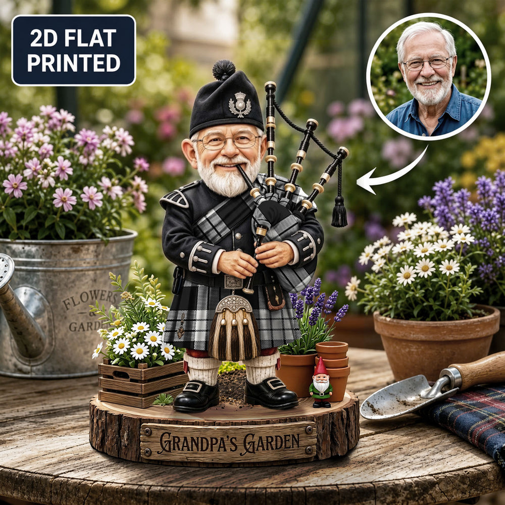 Personalized MacFarlane Black & White Ancient Clan Bagpipe Garden Gnome Caricature Plaque Custom Photo, Any Clan Tartan, Wood or Acrylic, Grandpa & Dad Gift, Scottish Highland Garden Decor CX16