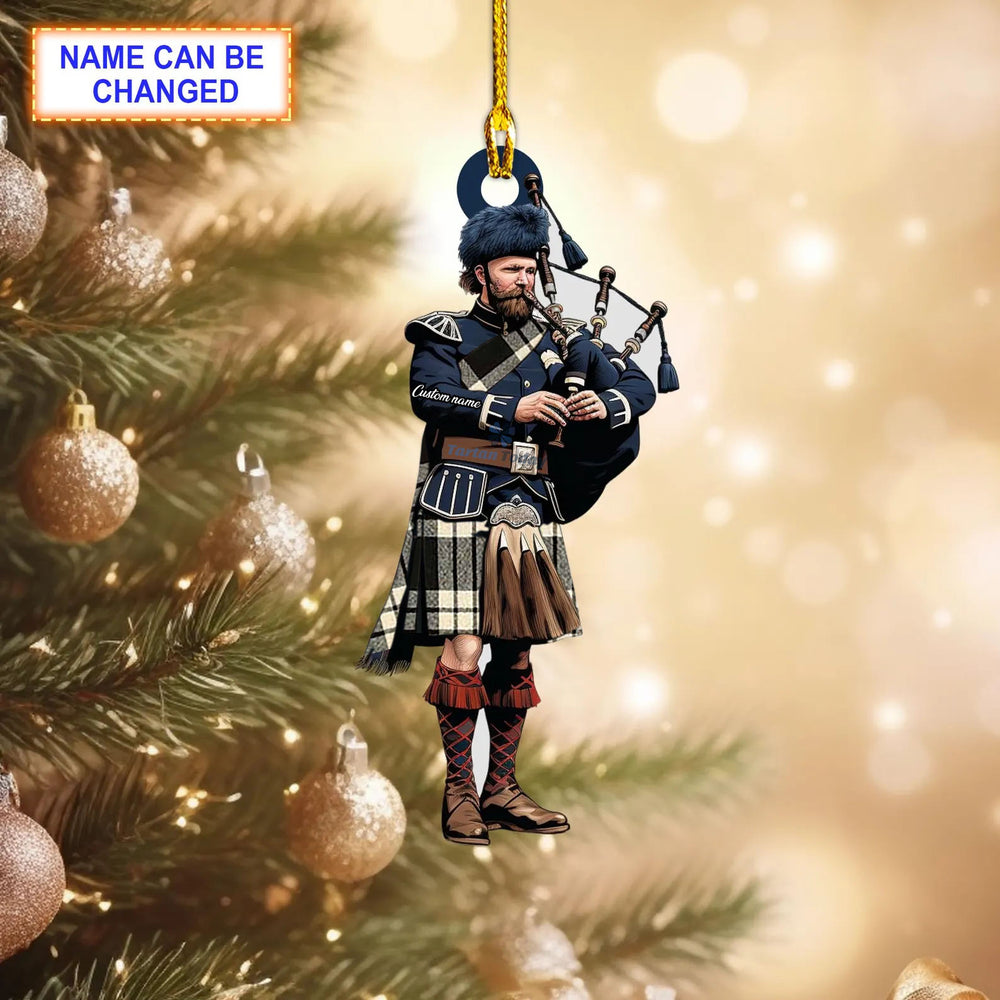 MacFarlane Black and White Ancient Tartan Bagpipe Ornament with Custom Name