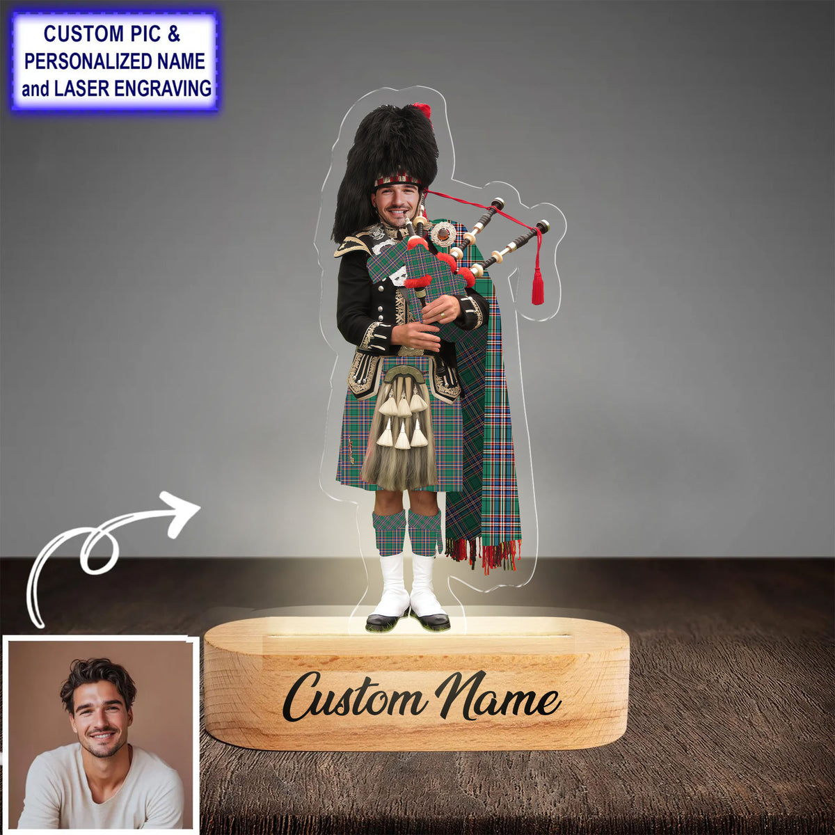 Custom Bagpipe MacFarlane Hunting Ancient Tartan LED Night Light - Personalized Scottish Bagpiper Figurine with Wooden Stand
