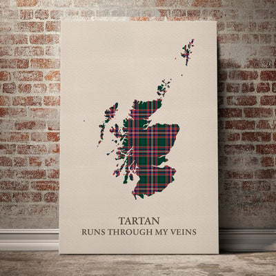 Clan MacFarlane Hunting Modern Tartan Scotland Map Canvas “Tartan Runs Through My Veins” Wall Art HI45