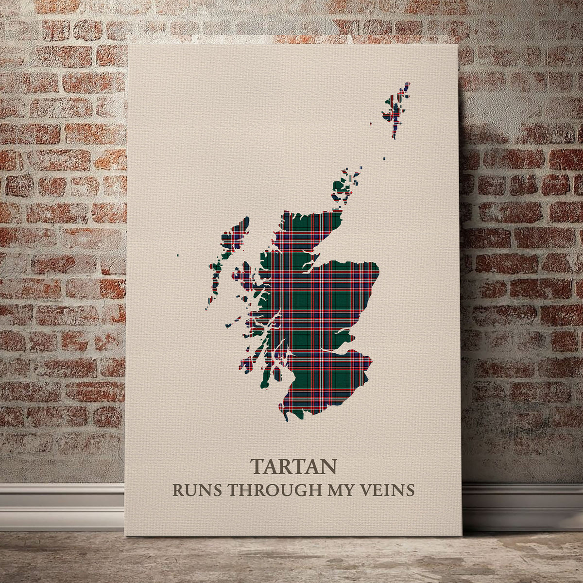 MacFarlane Hunting Modern Tartan Scotland Map Canvas – “Tartan Runs Through My Veins” Wall Art