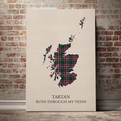 MacFarlane Hunting Modern Tartan Scotland Map Canvas – “Tartan Runs Through My Veins” Wall Art
