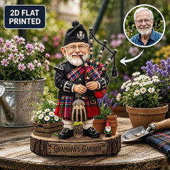 Personalized MacFarlane Modern Clan Bagpipe Garden Gnome Caricature Plaque Custom Photo, Any Clan Tartan, Wood or Acrylic, Grandpa & Dad Gift, Scottish Highland Garden Decor OB92