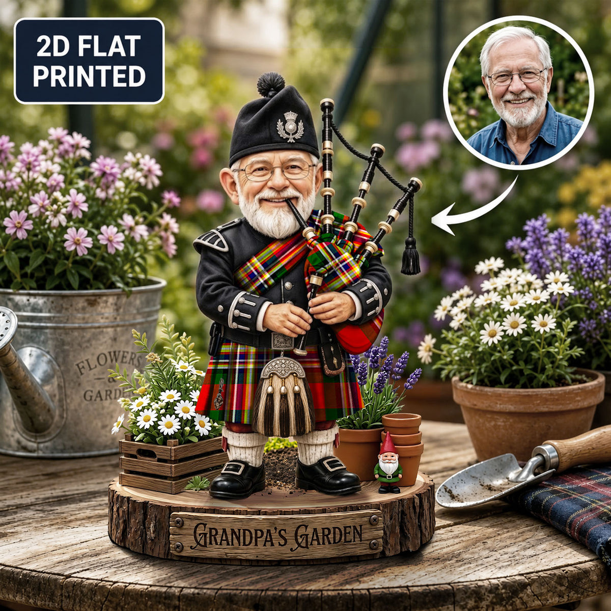 Personalized MacGill Modern Clan Bagpipe Garden Gnome Caricature Plaque Custom Photo, Any Clan Tartan, Wood or Acrylic, Grandpa & Dad Gift, Scottish Highland Garden Decor TQ87