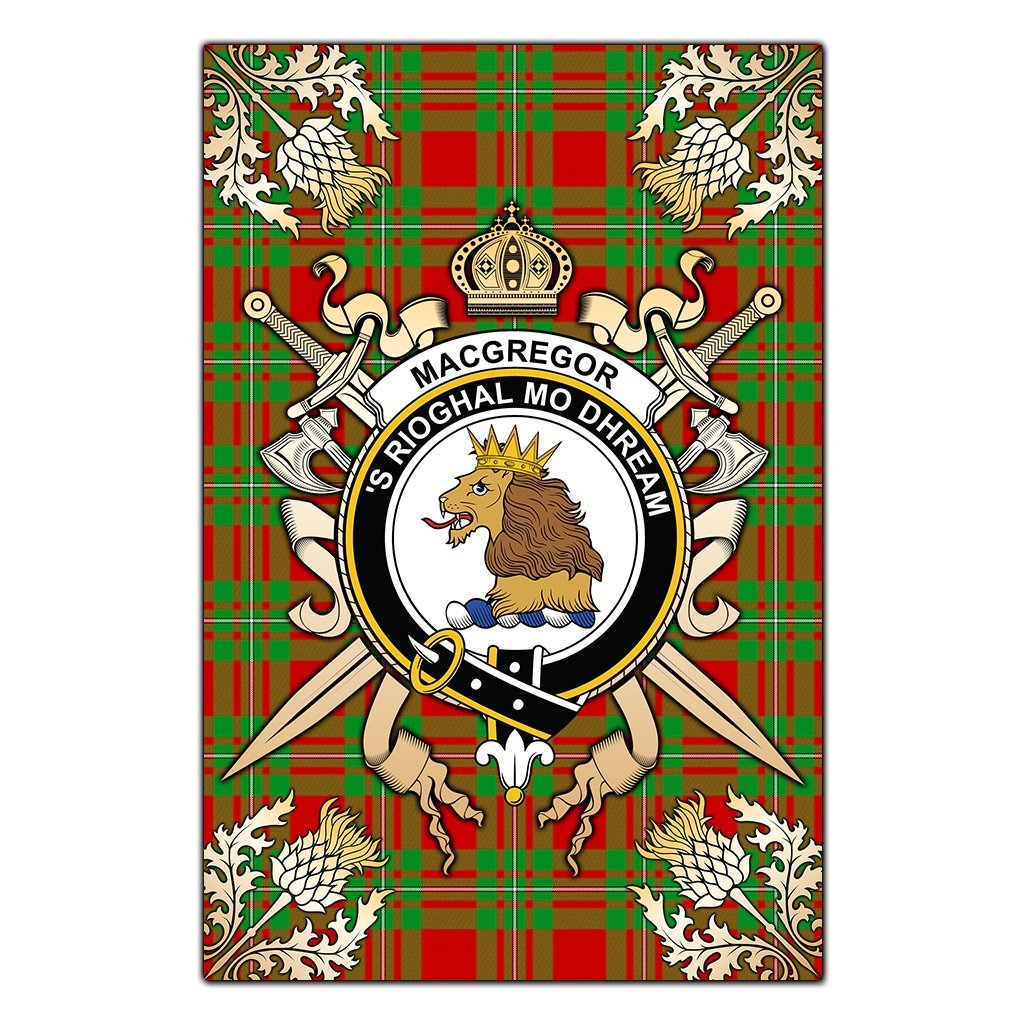 Clan MacGregor Modern Tartan Crest Black Garden Flag  - Gold Thistle  RU27 Clan MacGregor Tartan Today   