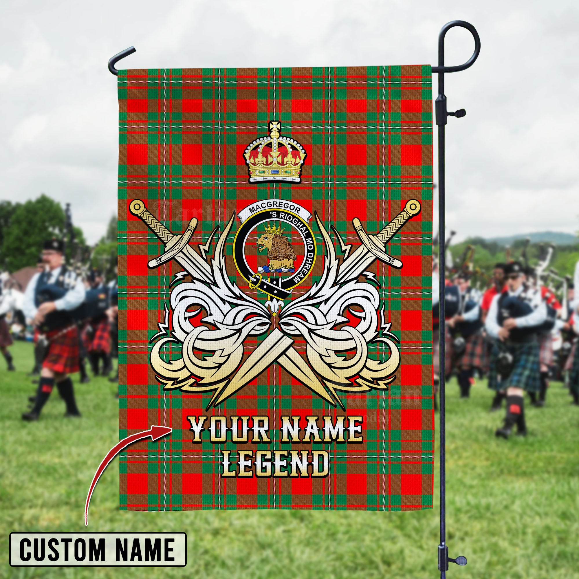Personalized Custom Name Clan MacGregor Ancient Tartan Garden Flag with Clan Crest and the Golden Sword of Courageous Legacy WA85 - MacGregor Ancient Tartan Design, Scottish Heritage Gift