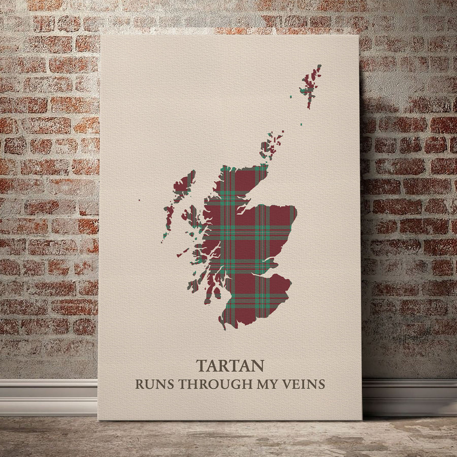 MacGregor Hunting Ancient Tartan Scotland Map Canvas – “Tartan Runs Through My Veins” Wall Art