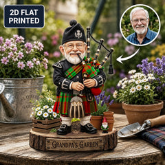 Personalized MacGregor Modern Clan Bagpipe Garden Gnome Caricature Plaque Custom Photo, Any Clan Tartan, Wood or Acrylic, Grandpa & Dad Gift, Scottish Highland Garden Decor BA29