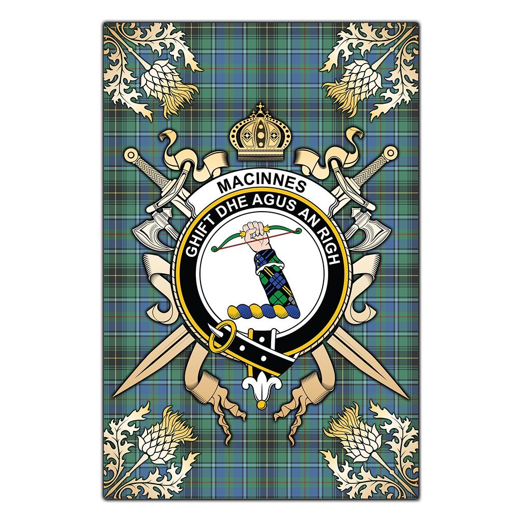 Clan MacInnes Ancient Tartan Crest Black Garden Flag  - Gold Thistle  SW60 Clan MacInnes Tartan Today   