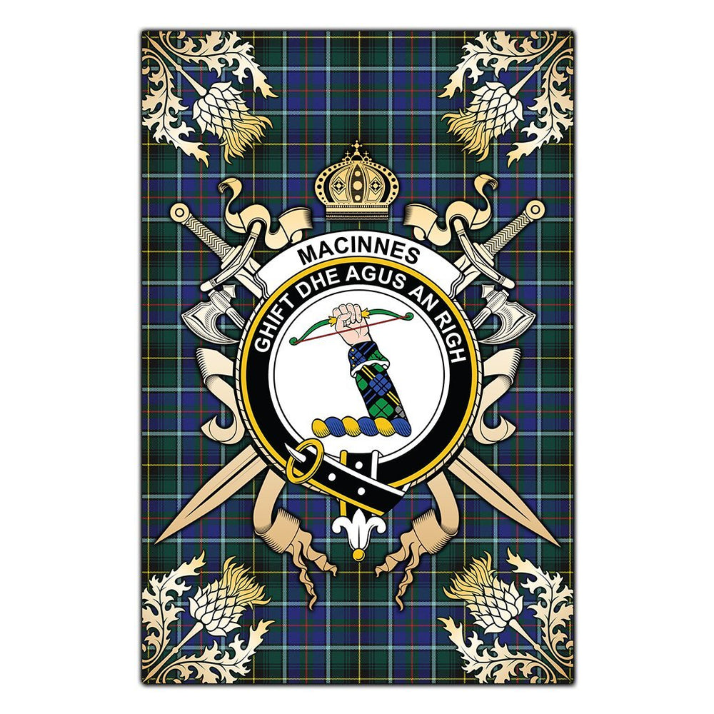 Clan MacInnes Modern Tartan Crest Black Garden Flag  - Gold Thistle  DE92 Clan MacInnes Tartan Today   