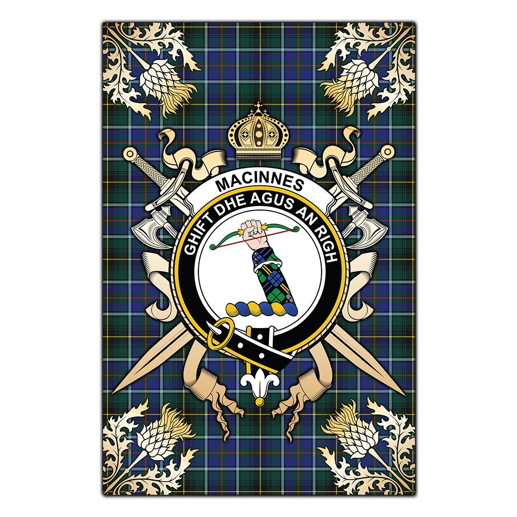 Clan MacInnes Modern Tartan Crest Black Garden Flag  - Gold Thistle  DE92 Clan MacInnes Tartan Today   