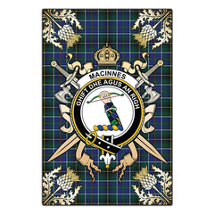 Clan MacInnes Modern Tartan Crest Black Garden Flag  - Gold Thistle  DE92 Clan MacInnes Tartan Today   