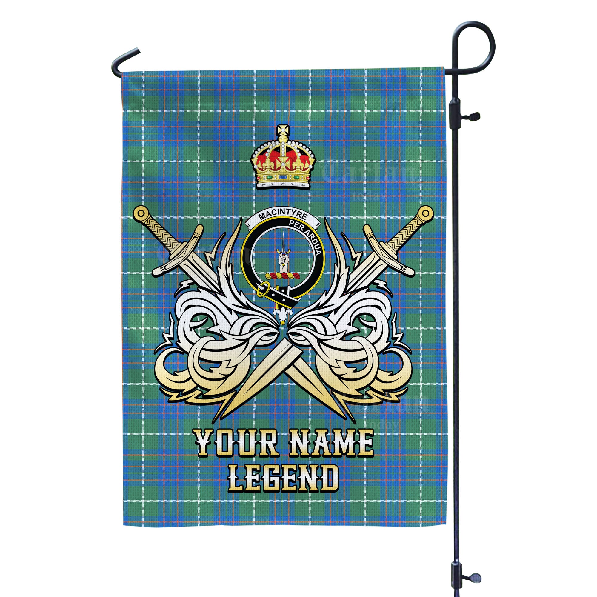 Custom Name Clan MacIntyre Hunting Ancient Tartan Garden Flag with Clan Crest and the Golden Sword of Courageous Legacy IH94