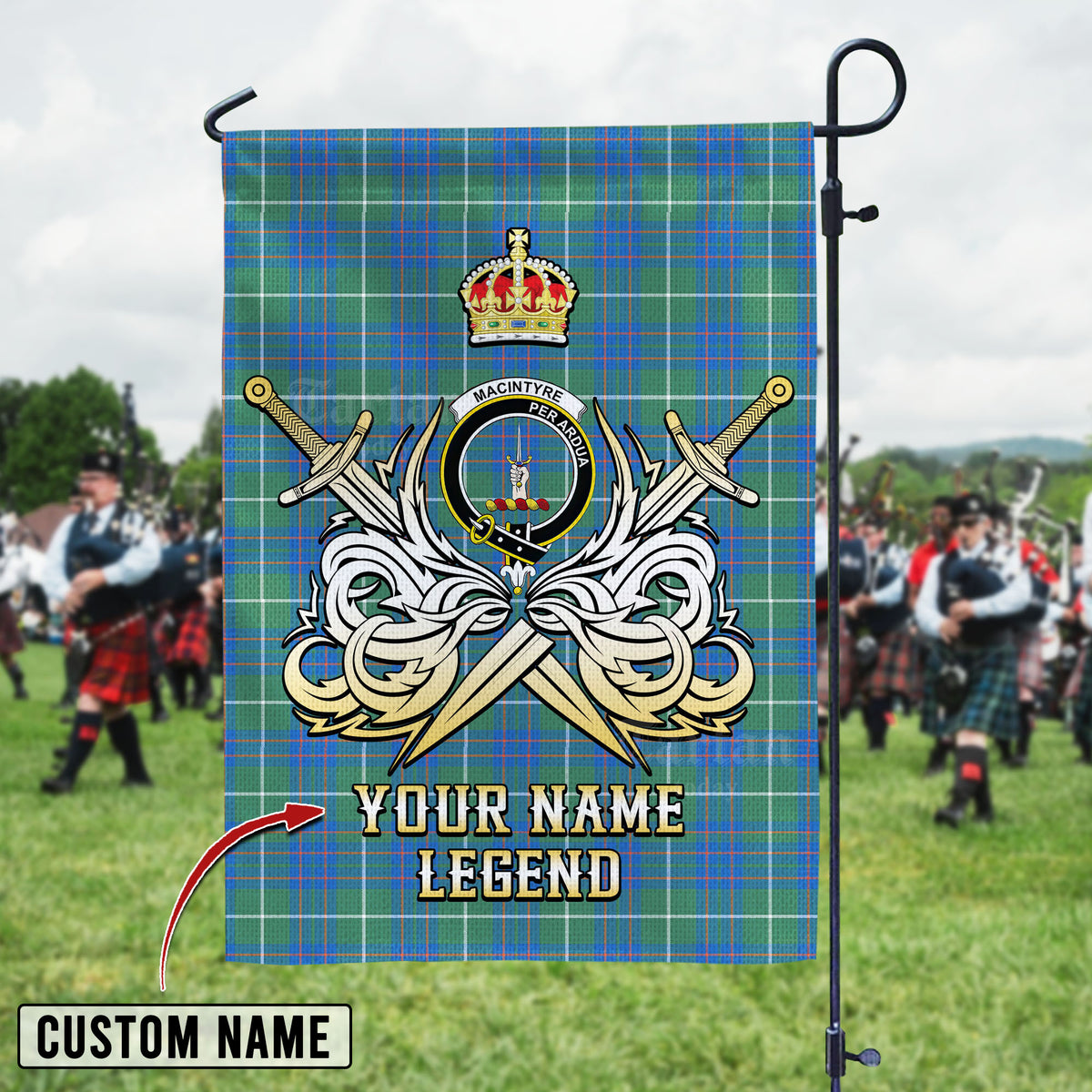 Personalized Custom Name Clan MacIntyre Hunting Ancient Tartan Garden Flag with Clan Crest and the Golden Sword of Courageous Legacy IH94 - MacIntyre Hunting Ancient Tartan Design, Scottish Heritage Gift