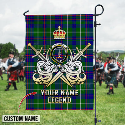 Custom Name Clan MacIntyre Hunting Modern Tartan Garden Flag with Clan Crest and the Golden Sword of Courageous Legacy