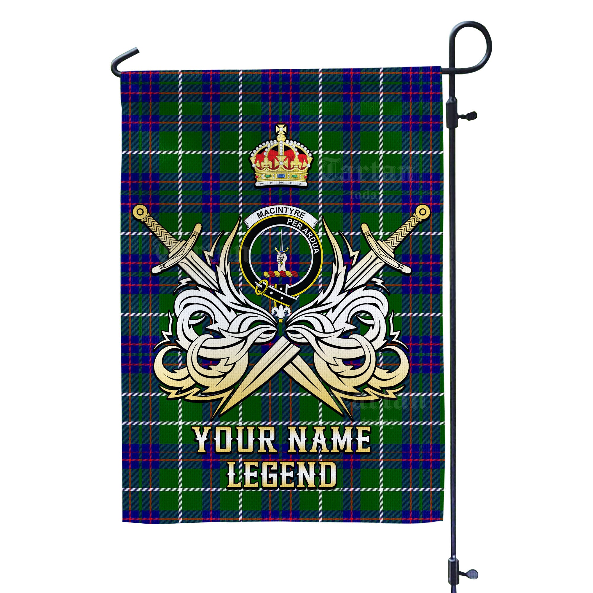 Custom Name Clan MacIntyre Hunting Modern Tartan Garden Flag with Clan Crest and the Golden Sword of Courageous Legacy GD51