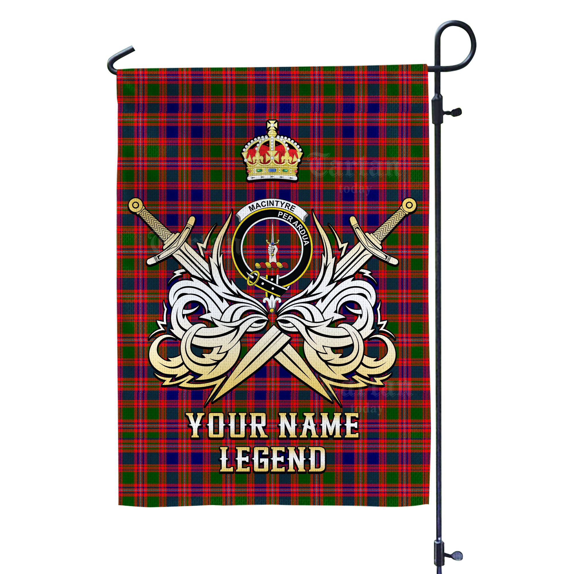 Custom Name Clan MacIntyre Modern Tartan Garden Flag with Clan Crest and the Golden Sword of Courageous Legacy XK42