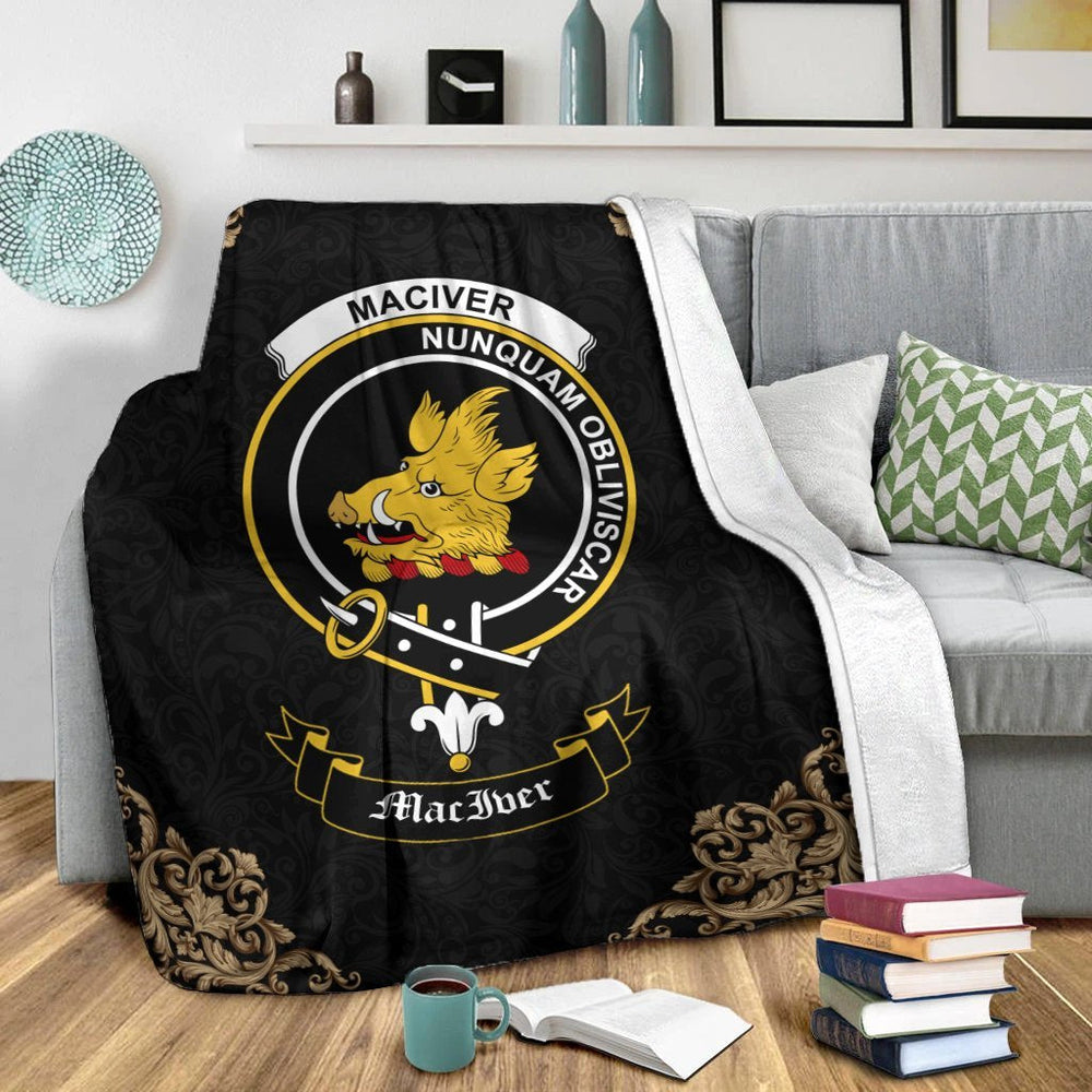Clan MacIver Crest Tartan Premium Blanket Black RV52 Clan Hall Tartan Today   