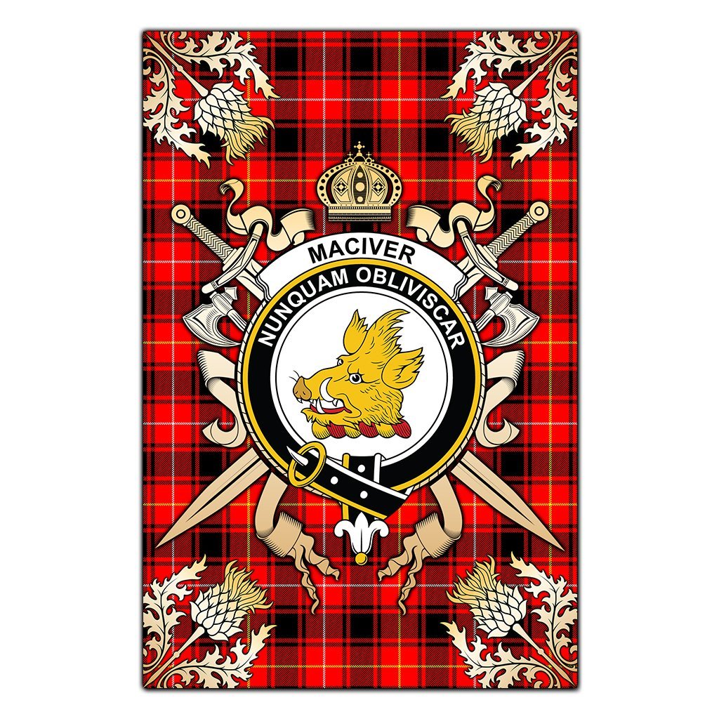 Clan MacIver Modern Tartan Crest Black Garden Flag  - Gold Thistle  PW84 Clan Garden Tartan Today   