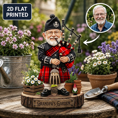 Personalized MacIver Modern Clan Bagpipe Garden Gnome Caricature Plaque Custom Photo, Any Clan Tartan, Wood or Acrylic, Grandpa & Dad Gift, Scottish Highland Garden Decor AZ56