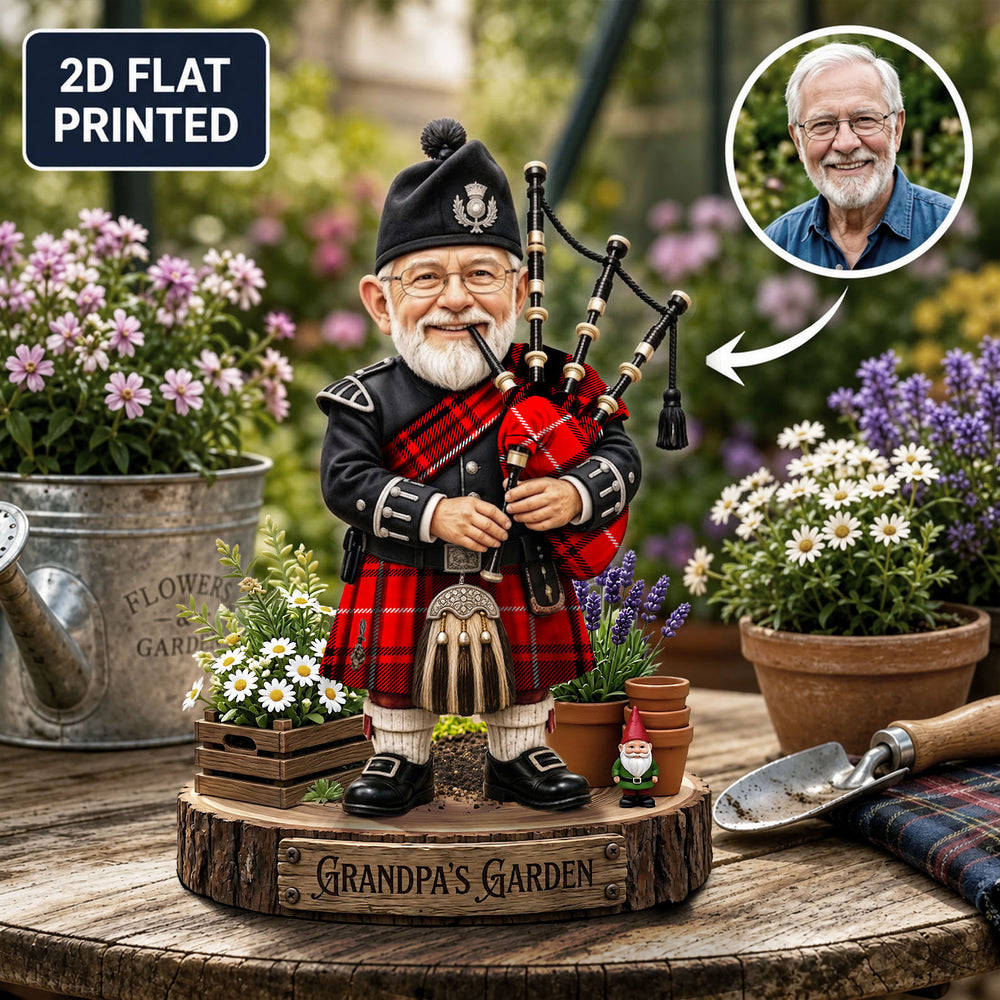 Personalized MacIver Modern Clan Bagpipe Garden Gnome Caricature Plaque Custom Photo, Any Clan Tartan, Wood or Acrylic, Grandpa & Dad Gift, Scottish Highland Garden Decor AZ56