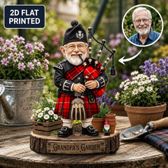 Personalized MacIver Modern Clan Bagpipe Garden Gnome Caricature Plaque Custom Photo, Any Clan Tartan, Wood or Acrylic, Grandpa & Dad Gift, Scottish Highland Garden Decor AZ56
