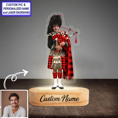 Custom Bagpipe MacIver Modern Tartan LED Night Light - Personalized Scottish Bagpiper Figurine with Wooden Stand MW47