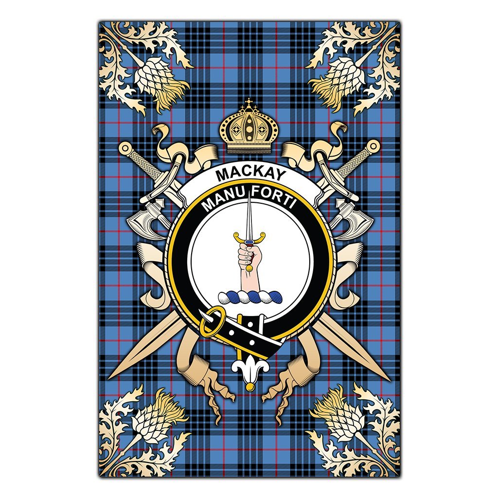 Clan MacKay Blue Tartan Crest Black Garden Flag  - Gold Thistle  QI24 Clan MacKay Tartan Today   