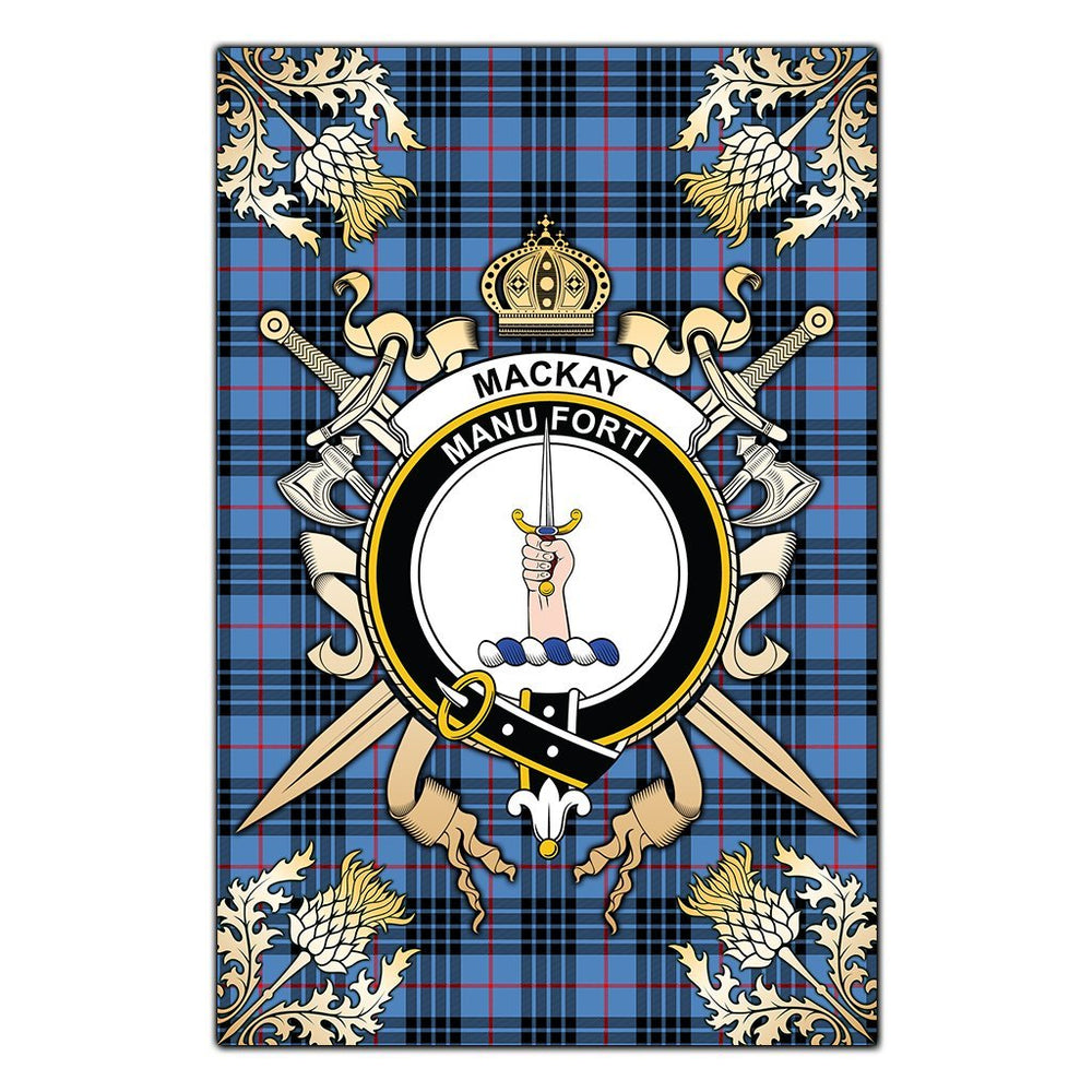 Clan MacKay Blue Tartan Crest Black Garden Flag  - Gold Thistle  QI24 Clan MacKay Tartan Today   
