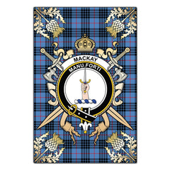 Clan MacKay Blue Tartan Crest Black Garden Flag  - Gold Thistle  QI24 Clan MacKay Tartan Today   