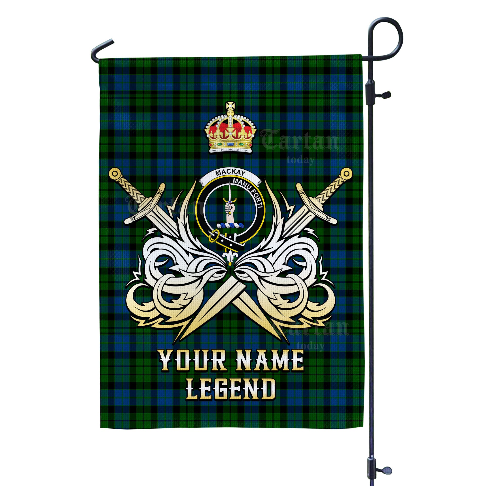 Custom Name Clan MacKay ModernCREST Tartan Garden Flag with Clan Crest and the Golden Sword of Courageous Legacy KR17