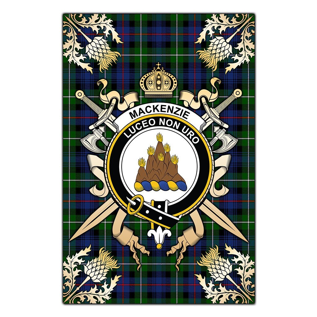 Clan MacKenzie Modern Tartan Crest Black Garden Flag  - Gold Thistle  XR24 Clan Garden Clan MacKenzie   