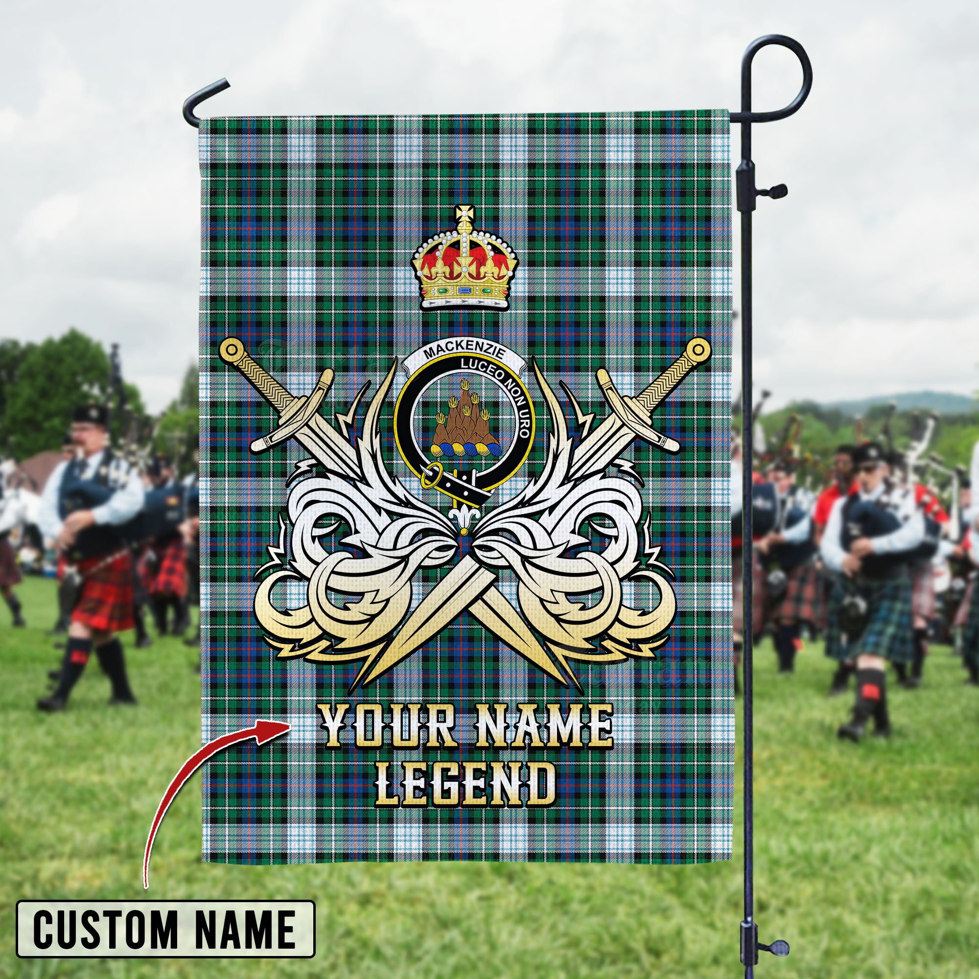 Personalized Custom Name Clan MacKenzie Dress Ancient Tartan Garden Flag with Clan Crest and the Golden Sword of Courageous Legacy GV37 - MacKenzie Dress Ancient Tartan Design, Scottish Heritage Gift