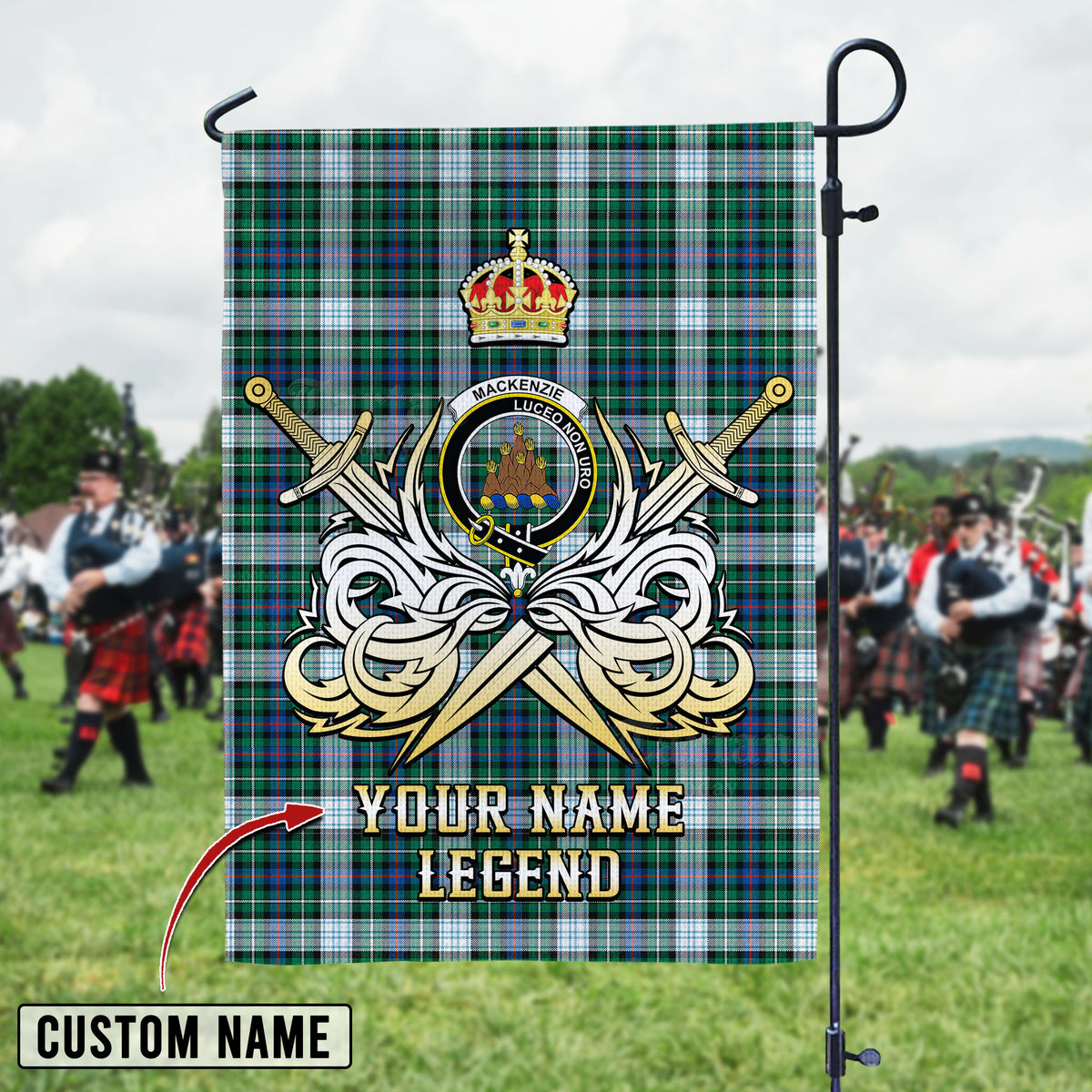 Personalized Custom Name Clan MacKenzie Dress Ancient Tartan Garden Flag with Clan Crest and the Golden Sword of Courageous Legacy GV37 - MacKenzie Dress Ancient Tartan Design, Scottish Heritage Gift
