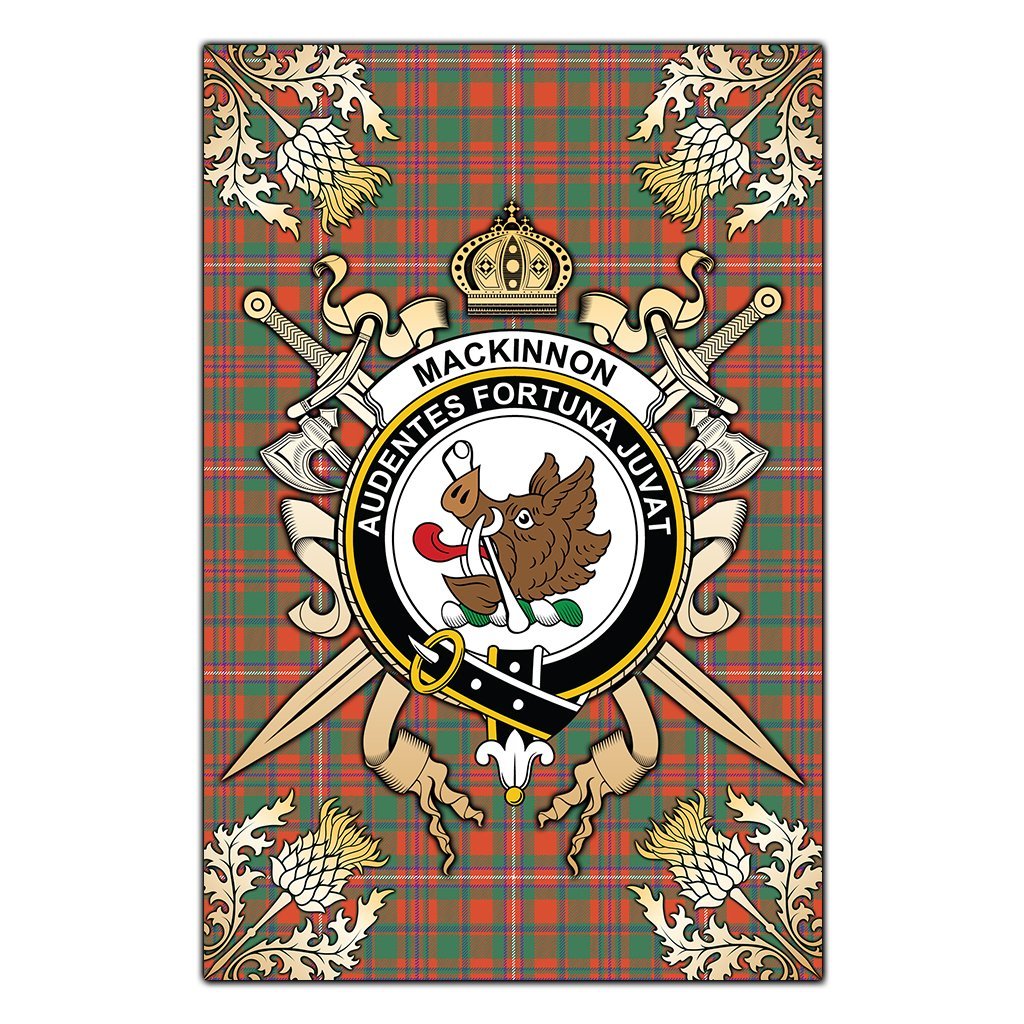 Clan MacKinnon Ancient Tartan Crest Black Garden Flag  - Gold Thistle  UC21 Clan MacKinnon Tartan Today   