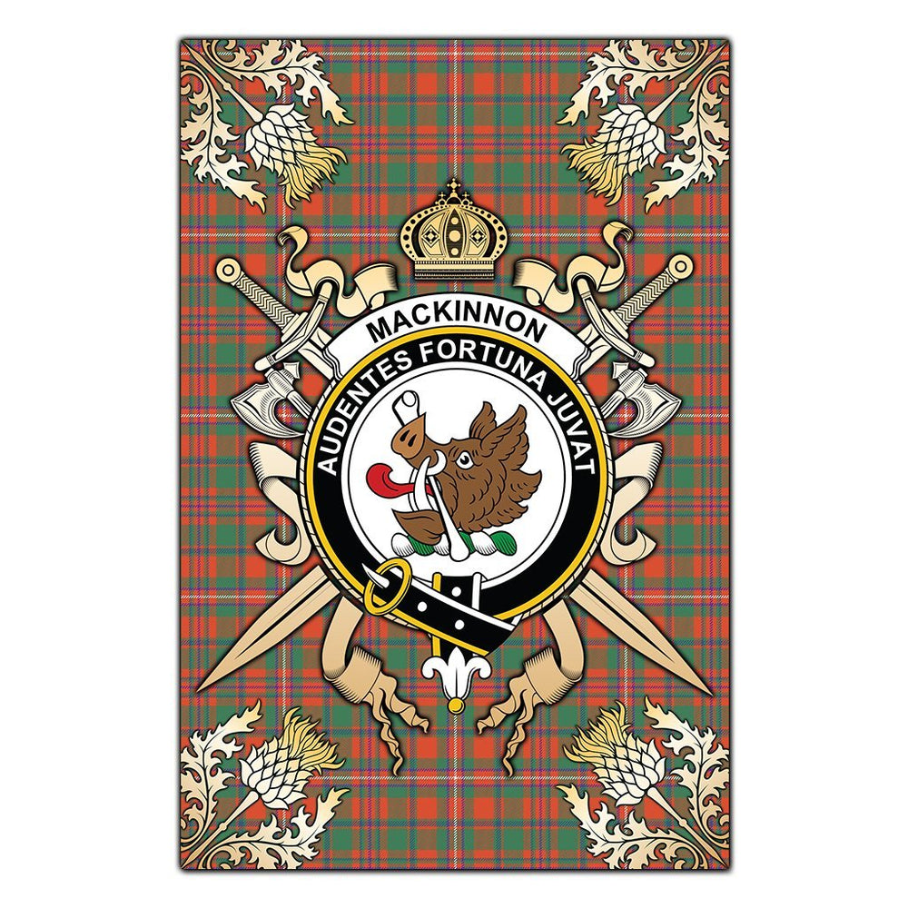 Clan MacKinnon Ancient Tartan Crest Black Garden Flag  - Gold Thistle  UC21 Clan MacKinnon Tartan Today   