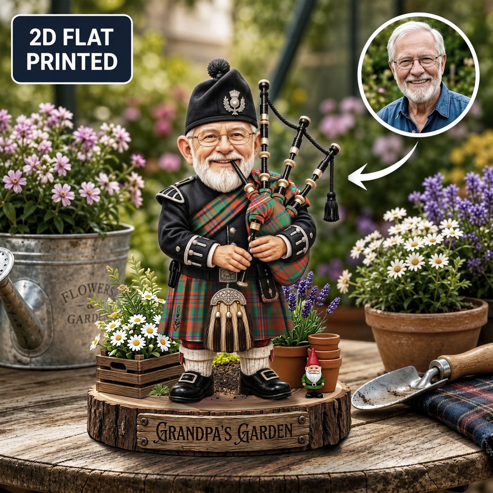 Personalized MacKinnon Ancient Clan Bagpipe Garden Gnome Caricature Plaque Custom Photo, Any Clan Tartan, Wood or Acrylic, Grandpa & Dad Gift, Scottish Highland Garden Decor QR69