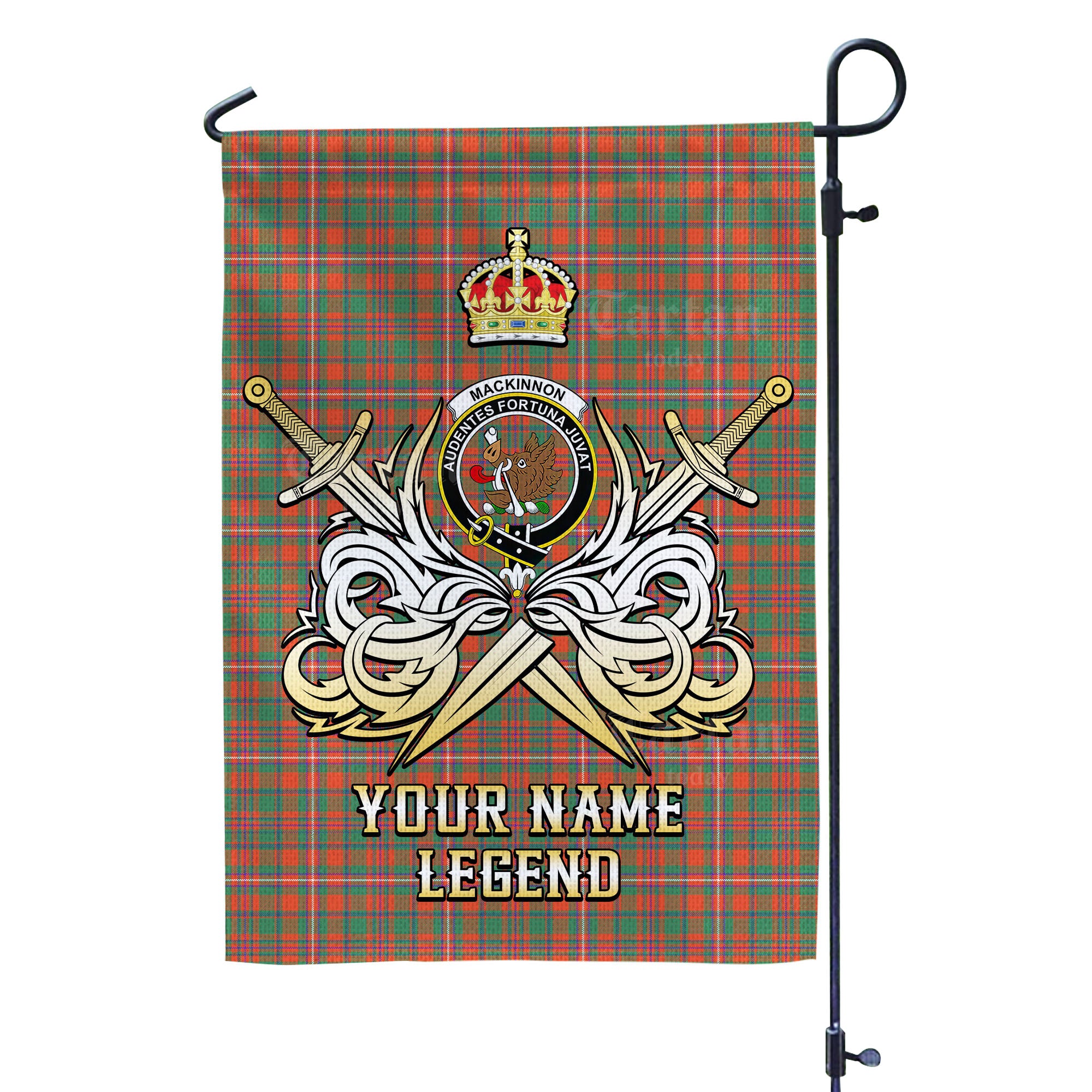 Custom Name Clan MacKinnon Ancient Tartan Garden Flag with Clan Crest and the Golden Sword of Courageous Legacy MT38