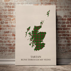 MacKinnon Hunting Modern Tartan Scotland Map Canvas – “Tartan Runs Through My Veins” Wall Art
