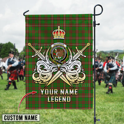 Custom Name Clan MacKinnon Hunting Modern Tartan Garden Flag with Clan Crest and the Golden Sword of Courageous Legacy