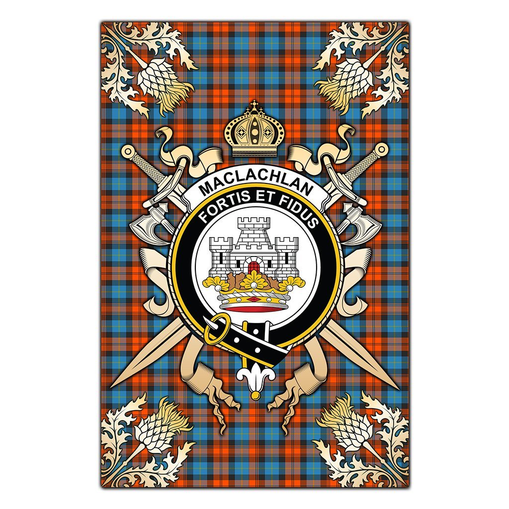 Clan MacLachlan Ancient Tartan Crest Black Garden Flag  - Gold Thistle  BL85 Clan Garden Tartan Today   